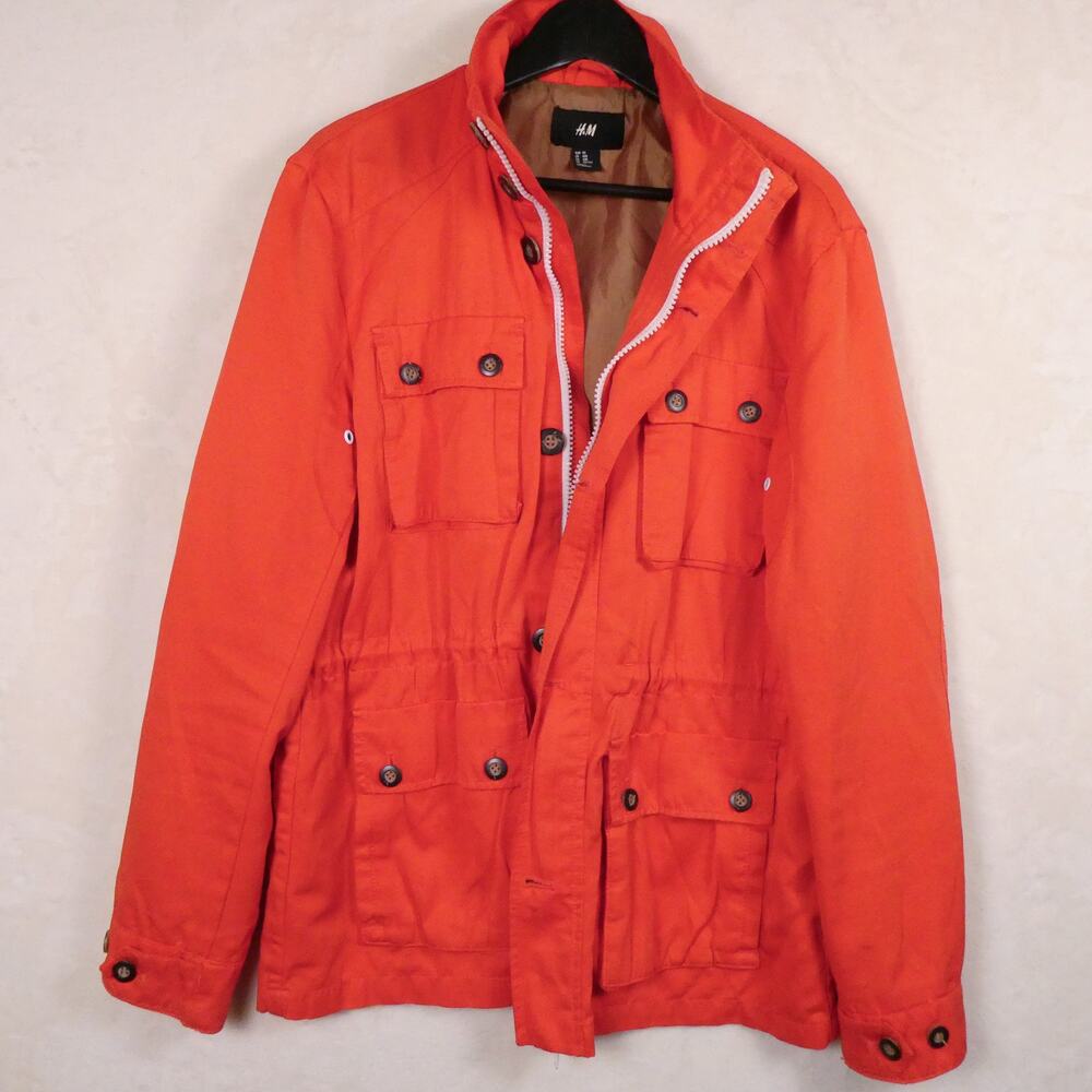 H&M Red Field Jacket Size 40R Large Retro Full Zip Drawstring Coastal Fisherman